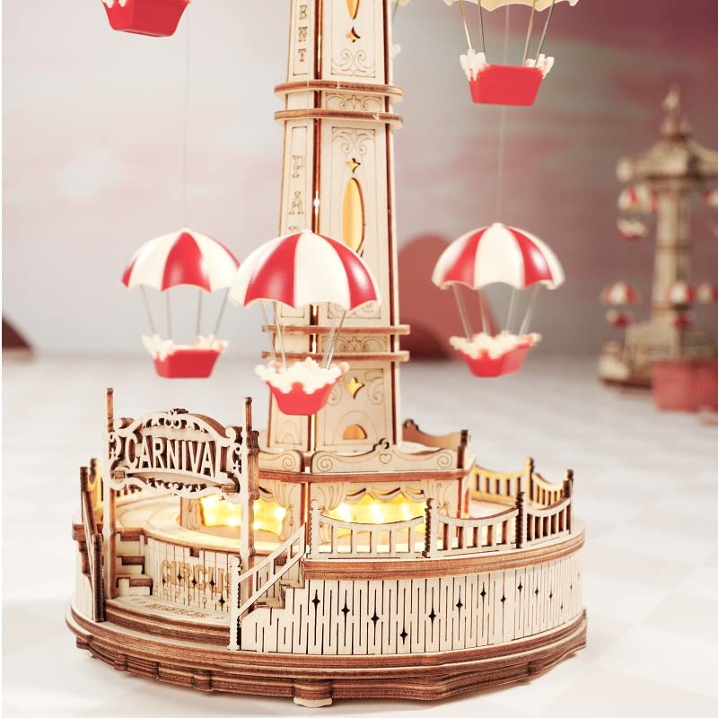3D Wood Puzzle Amusement Park Series (Parachute Tower) Parasol Attraction Miniature Glowing Rotating Amusement Park with Japanese Instruction Manual
