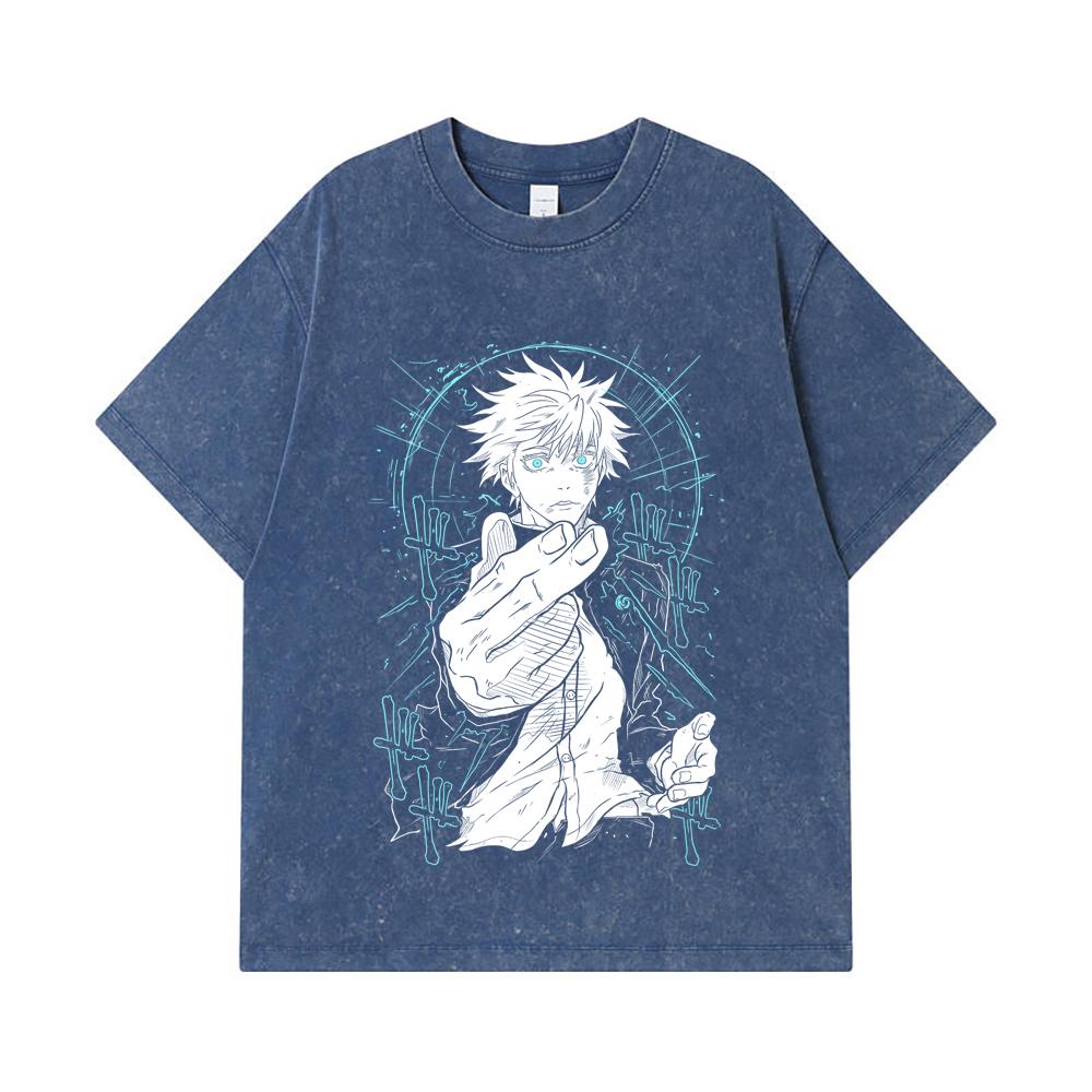 

275 GSM Washed T-shirts 100% Cotton Jujutsu Kaisen V2 Gojo Print Unisex Heavy Cotton T Shirt 2XL королівський синій колір