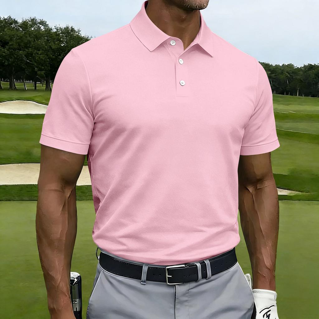 Men Short Sleeve Polo Shirt Classic Fit Button Down Collar Lightweight Breathable Knit Fabric for Business Casual Wear