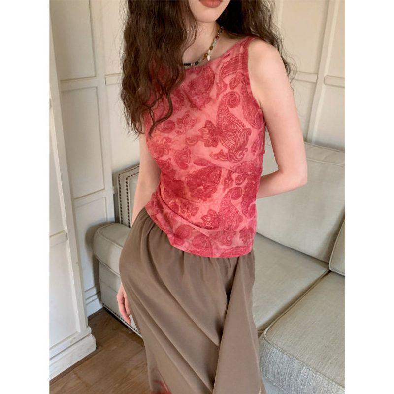 Pure Desire Summer Style Mesh Top Camisole for Women, Off-Shoulder French Retro Print Inner Layer with Unique Backless Twist Design Red S