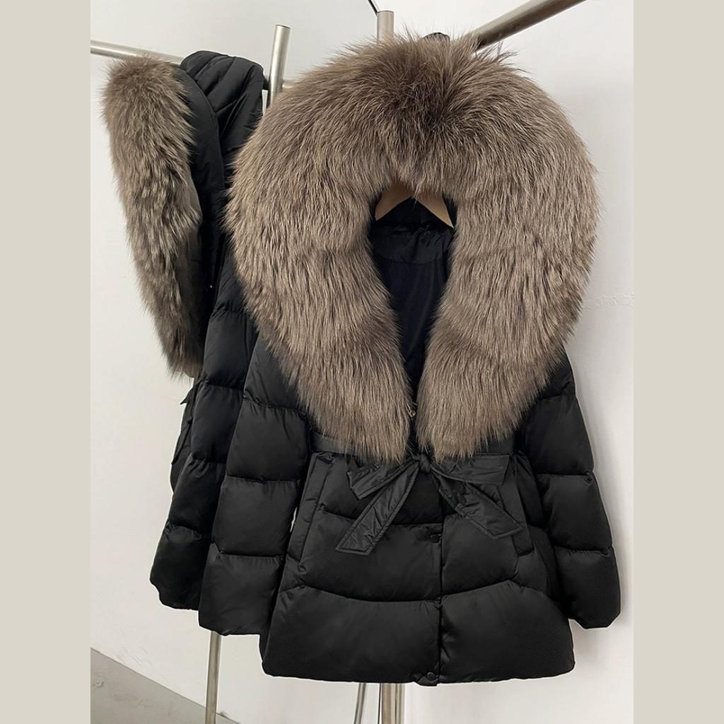 Winter Fox Big Fur Collar High-end Thickened Down Jacket Women's Mid-length Waist Imitation Leather Jacket