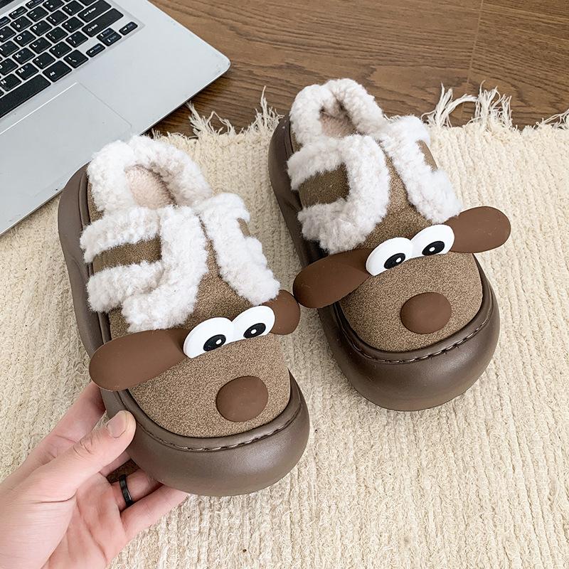 Dámské roztomilé kreslené plyšové pantofle - Teplé a hřejivé bavlněné zimní domácí pantofle na pult pro dívky, sladké silné dno, plyšové ležérní vnitřní boty