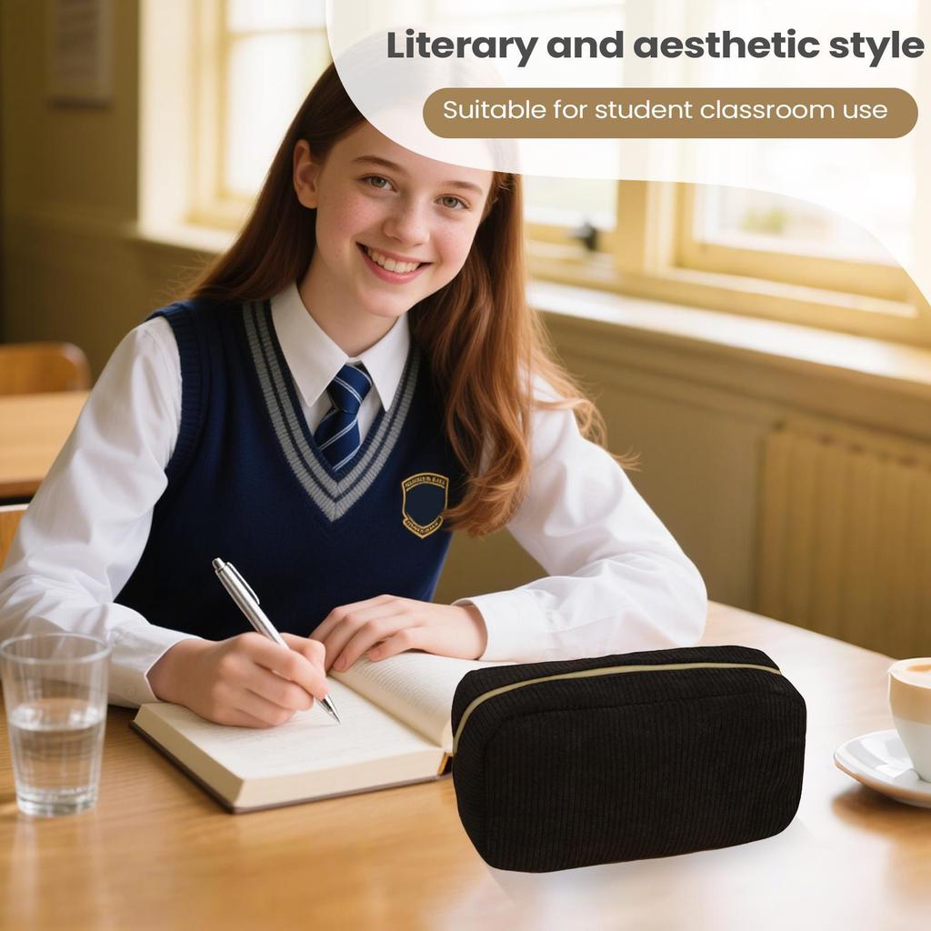 Large Capacity Corduroy Pencil Pouch Multi-Functional Stationery Organizer with Ruler, Boys Teens Girls Adults College Essential