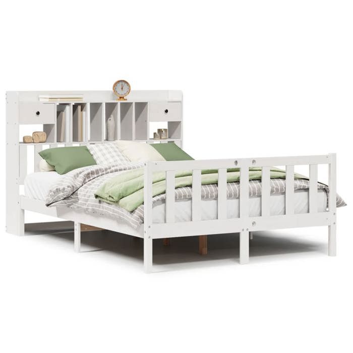 VidaXL Lit bibliothèque sans matelas blanc 140x200 cm bois pin massif, lit, meuble de chambre à coucher, lit avec rangement, 3321744