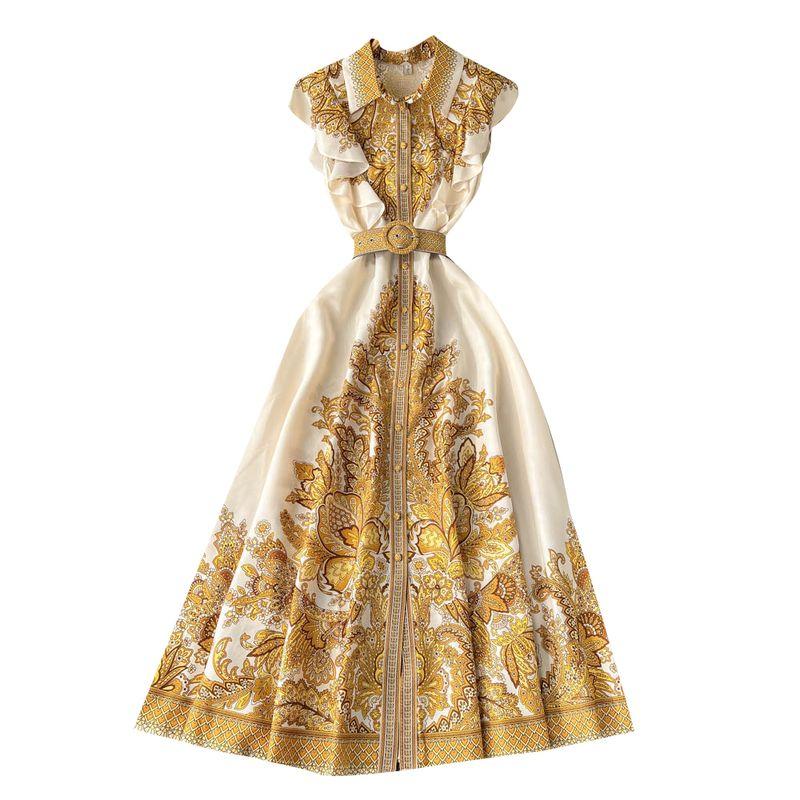 Summer New Arrival Retro Lapels Sleeveless Printed Dress