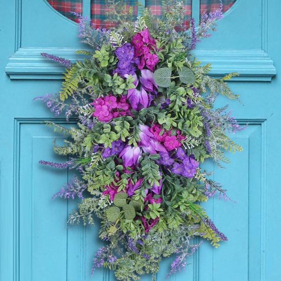 Purple Tulip Wreath with Hydrangea & Hyacinth Artificial Flower Lavender Garland Realistic Spring-Summer Floral Decor for Door Wall Home & Party
