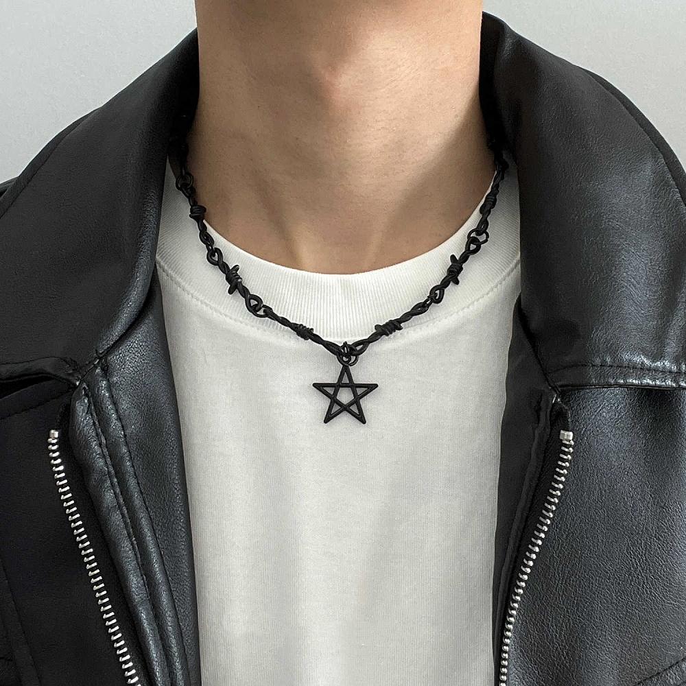 Punk Thorn Pentagram Pendant Necklace For Man Woman Hip Hop Clavicle Sweater Chain New Y2k Couple Gothic Gift