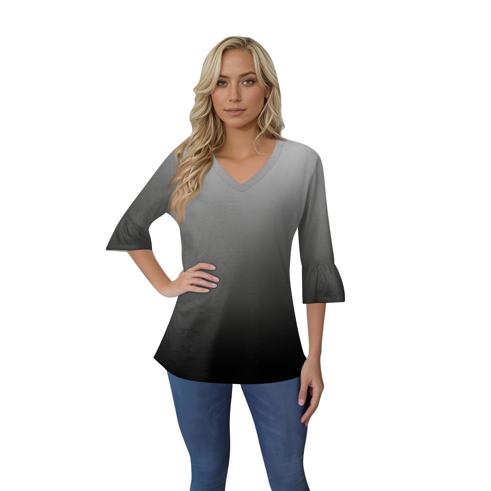 

Женский повседневный топ с рукавами 3/4, летняя футболка с v-образным вырезом и пышными рукавами L чёрный