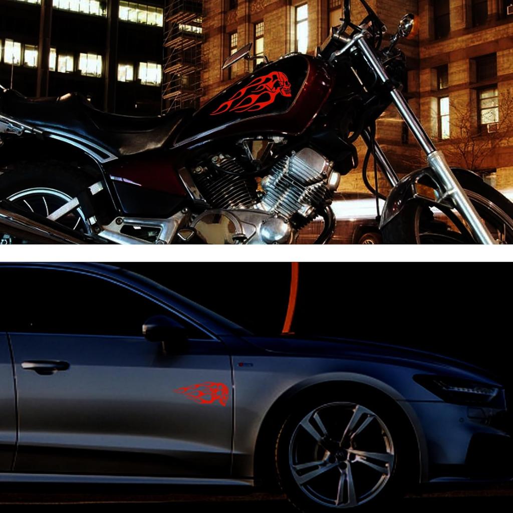 TOMALL 2pcs Skull Flame Reflective Stickers for Car Motorcycle Tank Vinyl Racing Sports Flame Stripe Decal for Golf Cart Off-Road Vehicles