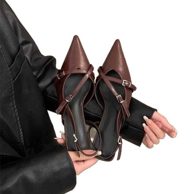 High heels women's spring and summer new retro pointed heel belt buckle bag head single shoes with skirt sandals