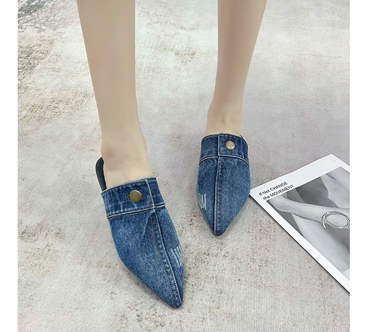 European and American washed denim flat-bottomed bag head slippers women wear large size pointed Mueller half drag single shoes wish