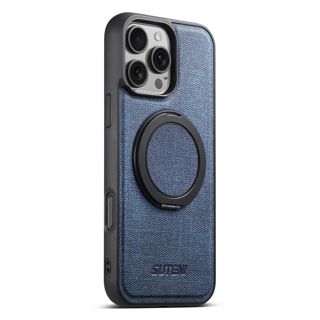 360° Bracket Magnetic Fabric Denim Pattern Phone Case for IPhone 16 Pro Max 15 Plus 14 13 12 Stand Ring Holder Protective Cover
