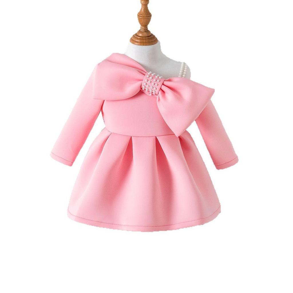 Children's Sweet Dress 2025 Spring and Autumn Girls Pearl Bow Halter Long-sleeved Dress