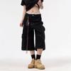 Multi-pocket tooling denim shorts summer deconstruction bright pants design sense wide-leg medium pants men and women