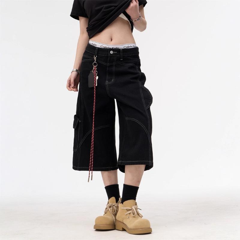 Multi-pocket tooling denim shorts summer deconstruction bright pants design sense wide-leg medium pants men and women