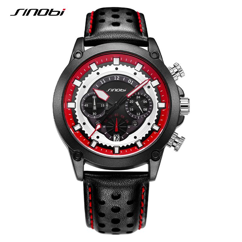 SINOBI New Fashion Sports Mens Watches Stainless Steel Chronograph Man Quartz Wristwatches Luminous Hands Male's Calender Clock