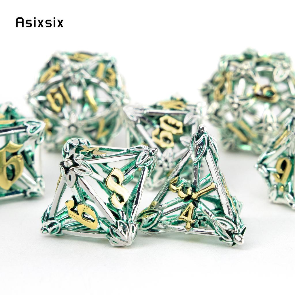 7 Pcs Silver Green Leaf Flower Metal Dice Hollow Metal Polyhedral Dice Set Suitable For Role-Playing Dice PropBoard Game Gift
