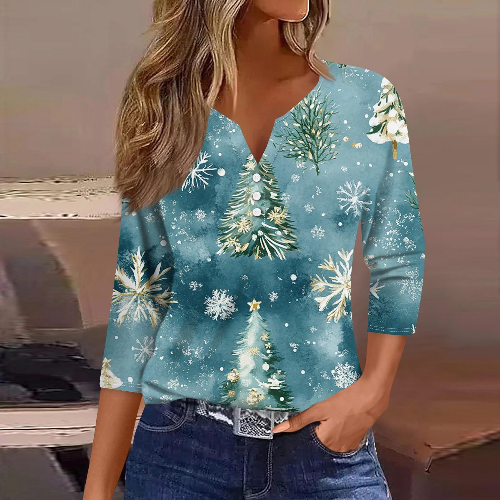 

Жен. Футболка Футболка С принтом Пуговицы Рукав 3/4 Повседневные Выходные Мода Классический V-образный вырез Обычный Топ XXXL циан