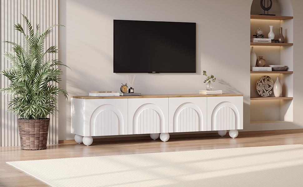 180*40*45cm TV Cabinet with 4 Cabinets, TV Cabinet with 6 Ball-Foot Metal Legs, Suitable for TVs around 80 Inches, Wood Color+White
