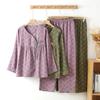 Retro Long Sleeved Long Pants Sleepwear Women Spring Round Neck Slanted Wearing Outerwear Set