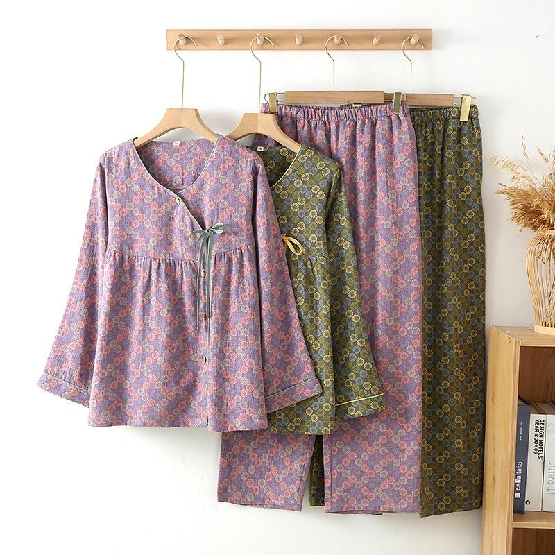 Retro Long Sleeved Long Pants Sleepwear Women Spring Round Neck Slanted Wearing Outerwear Set