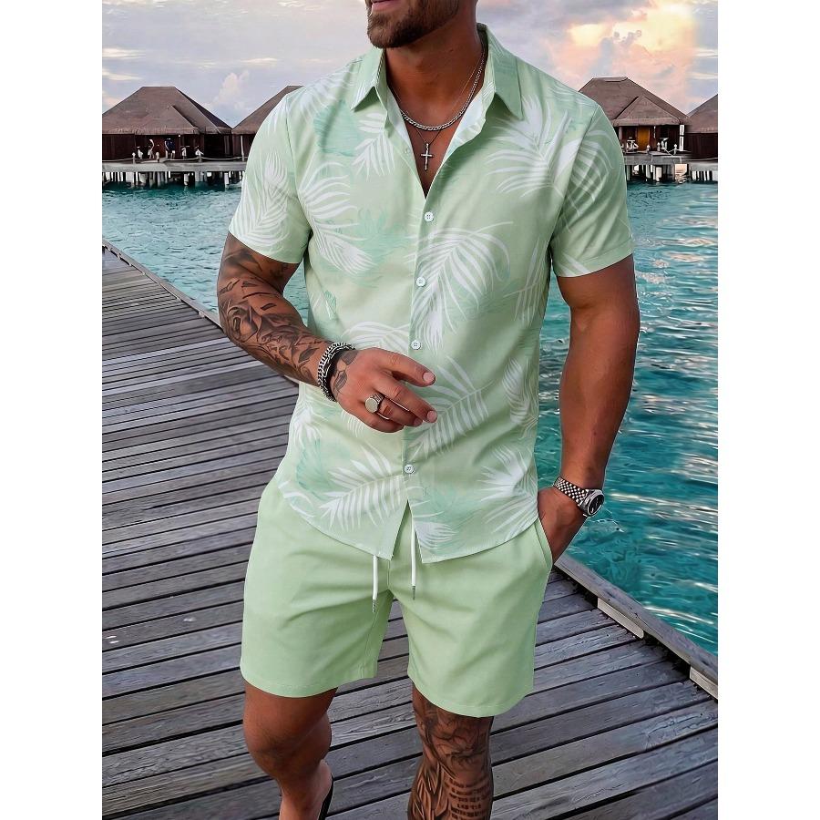 Men's Summer Tropical Flower Hawaiian Shirt, Palm Leaf Print Short-Sleeve Shirt and Shorts Set