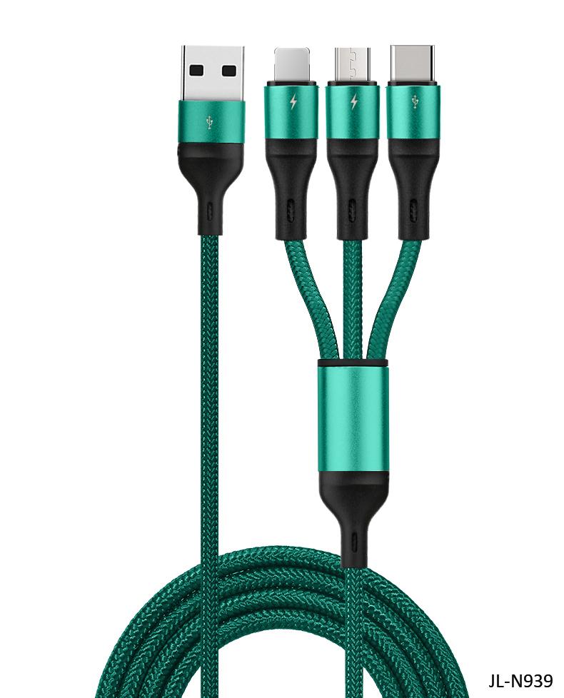 Nylon Braided 3 in 1 Charging Cable 3A Fast Charging USB C Micro Cable for Mobile Phone 1.2 m зелёный