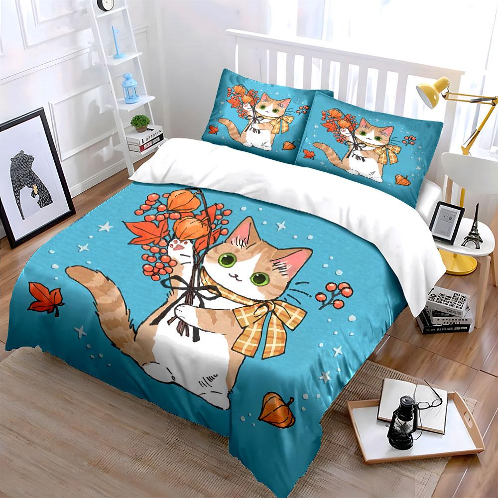 Autumn Cat with Scarf and Leaves Bedding Duvet Cover Set Duvet Cover Pillowcases (1*Duvet Cover 2*Pillowcases, Without Duvet Insert)