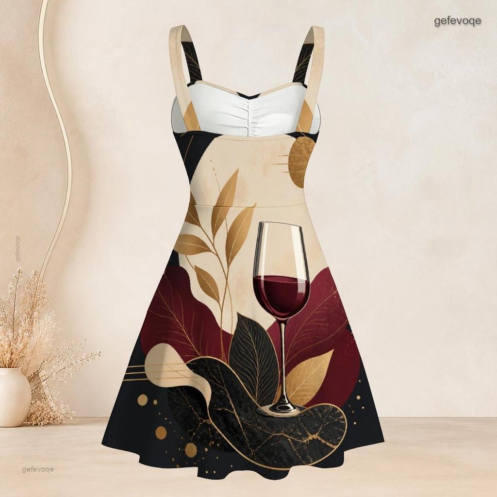 Women Plus Size Spaghetti Strap Off Shoulder Dress Elegant Wine Glass Golden Marble Leaf Art Print Swing Dress