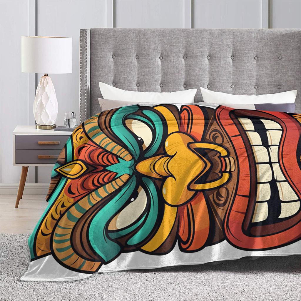 Cartoon Wooden Tiki Mask Totem Hawaiian Tribal Art Flannel Blanket Autumn Soft Bedding Throws for Students Home Decor Bed Cover