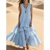 Women's V Neck Sleeveless Maxi Dress Loose Fit Elastic Waist Solid Color Tiered Ruffle Linen Look Dress