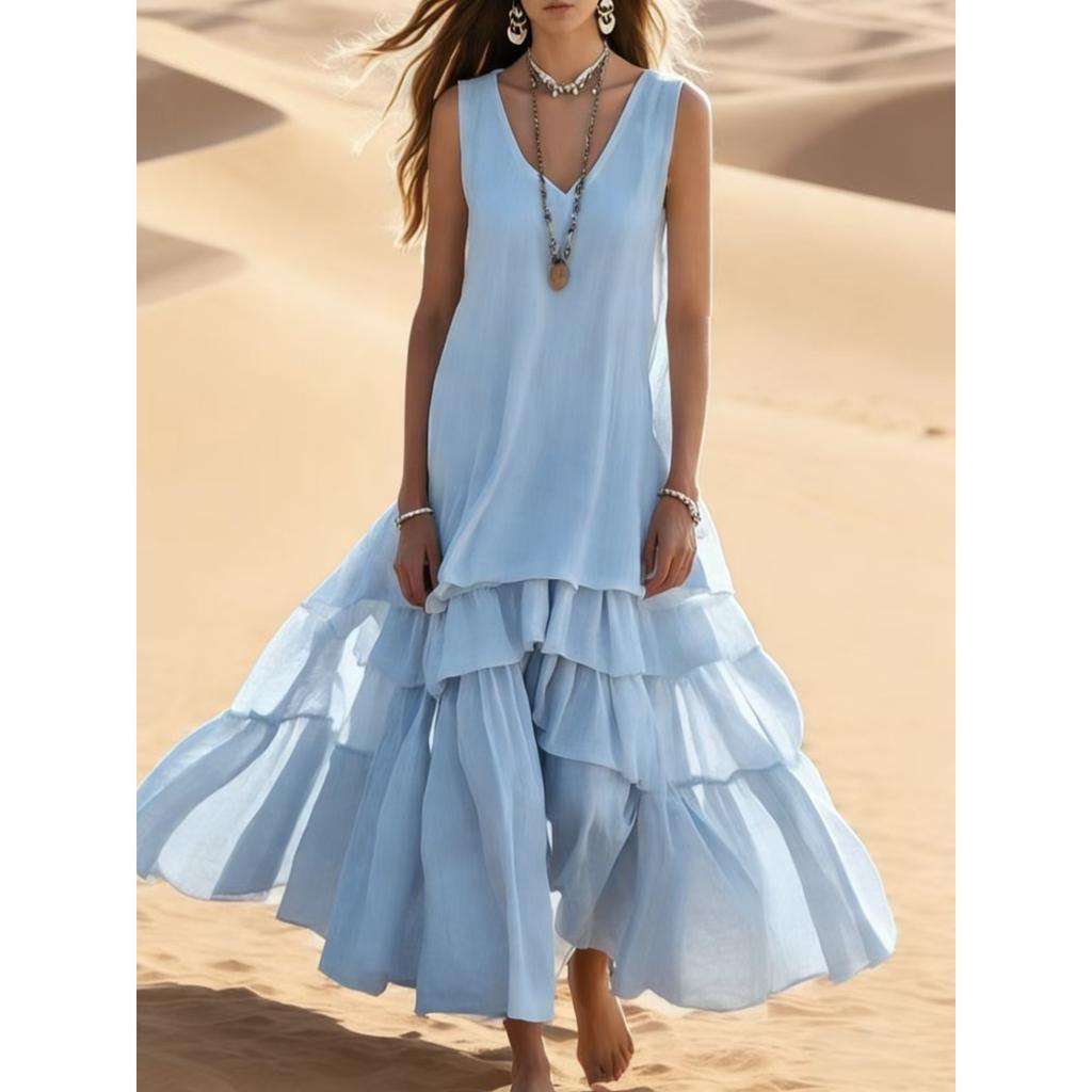 Women's V Neck Sleeveless Maxi Dress Loose Fit Elastic Waist Solid Color Tiered Ruffle Linen Look Dress