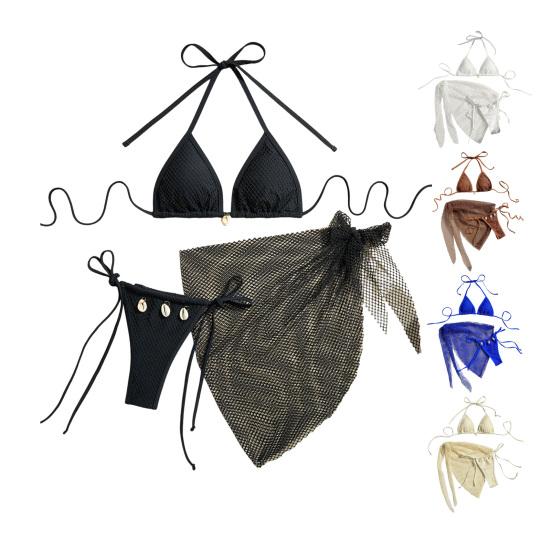 Conjunto de Maiô 3 Peças/Conjunto Halter Almofadas no Peito Sutiã Sem Aro Calcinha de Natação Saia Cover Up Conjunto Biquíni Cortado Maiô de Rede