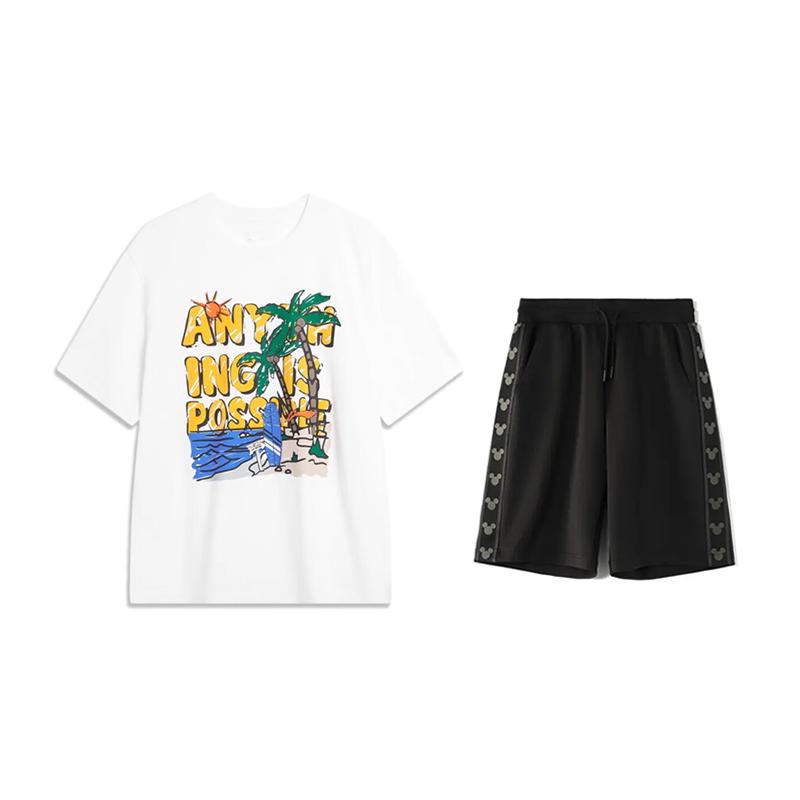 

Li-Ning Breathable Comfortable Letter Print Round Neck Drop Shoulder Loose Short Sleeve Mid Waist Tied Shorts Casual Sports Suit AHSU707-2+YKSV129-2 S