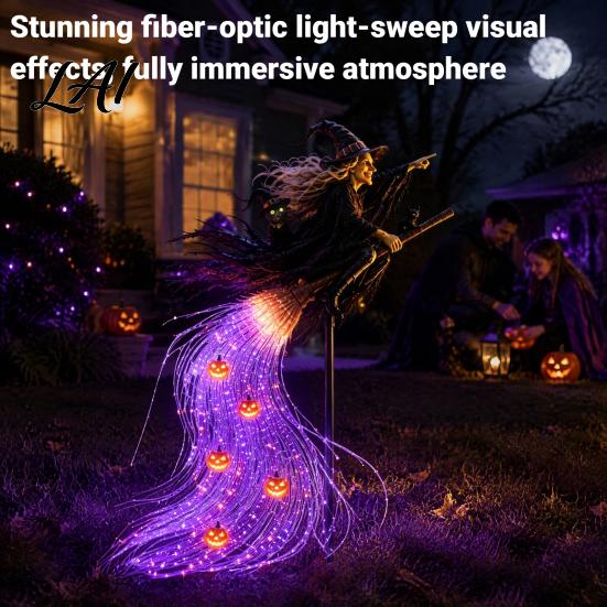 Weather Resistant Outdoor Figures Solar Halloween Witch Garden Stake Light Waterproof Metal Flying Broomstick Spooky Pathway Markers Light