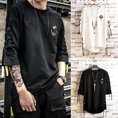 Maglietta estiva da uomo con lacci, mezza manica, ampia, hip hop, streetwear, girocollo, morbida e traspirante, tinta unita, lunghezza media, casual, per tutti i giorni