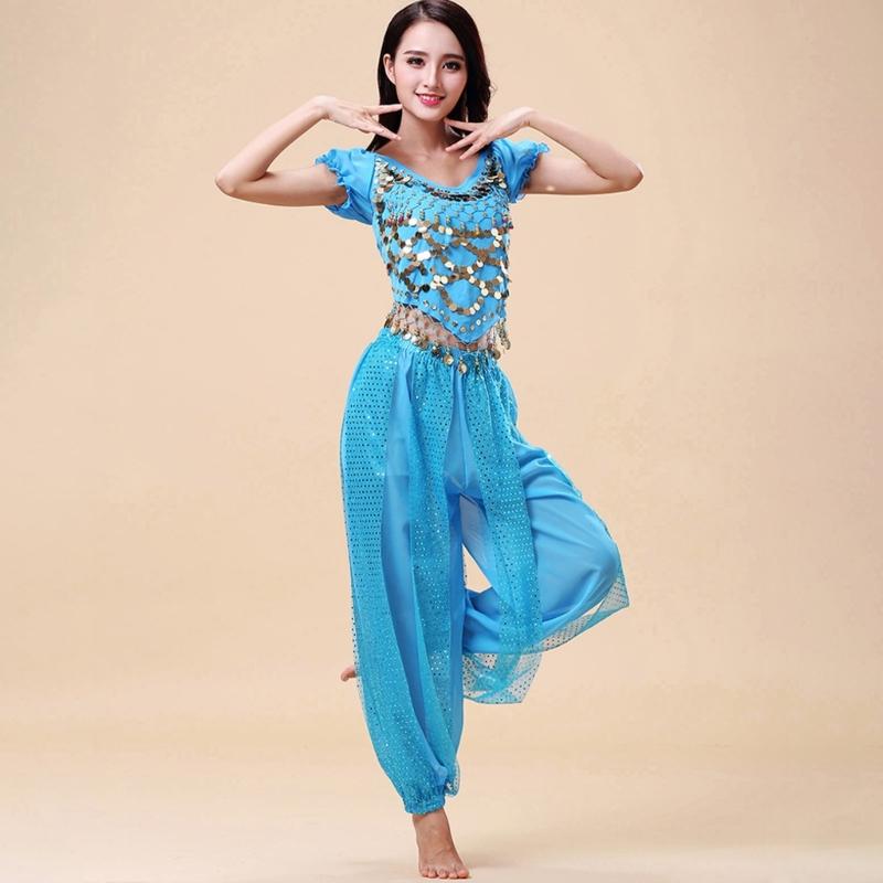 2Pieces Belly Dance Costume Set Coins Top Lantern Pants Set Halloween Costume Belly Dance Outfits for Dress Up Party