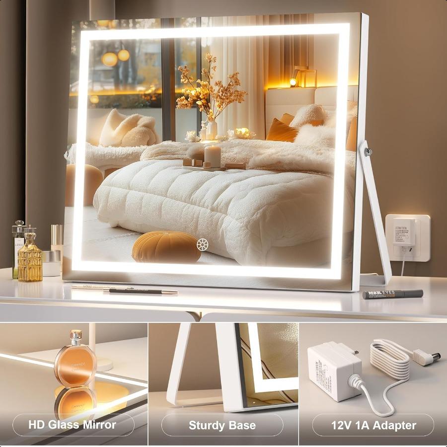 Vanity Mirror with Lights 15 X 13 LED Makeup Mirror with 10X Magnification Smart Touch 3 Colors Dimmable Adjustable Brightn 360