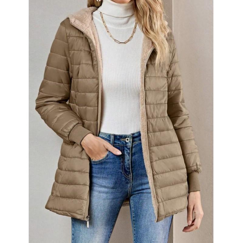 

Women s Fall and Winter Medium-length Hooded Slim Padded Warm Jacket Temperament Simple Plaid Blouse 3XL чорний