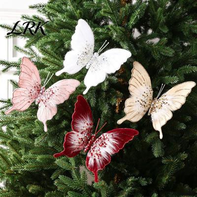 Christmas Matching Style Decorations Velvet Butterfly Ornaments, Artificial Glitter Sequins Xmas Tree Sparkling Mesh Wing Decoration for Holiday
