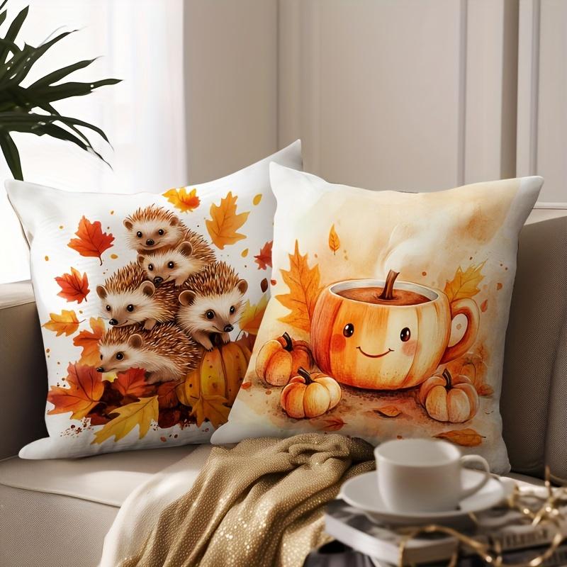 1Pc Autumn Animal Throw Pillow Covers Set, Fox Hedgehog & Pumpkin Design, Ideal Fall Festival Gift & Small Present
