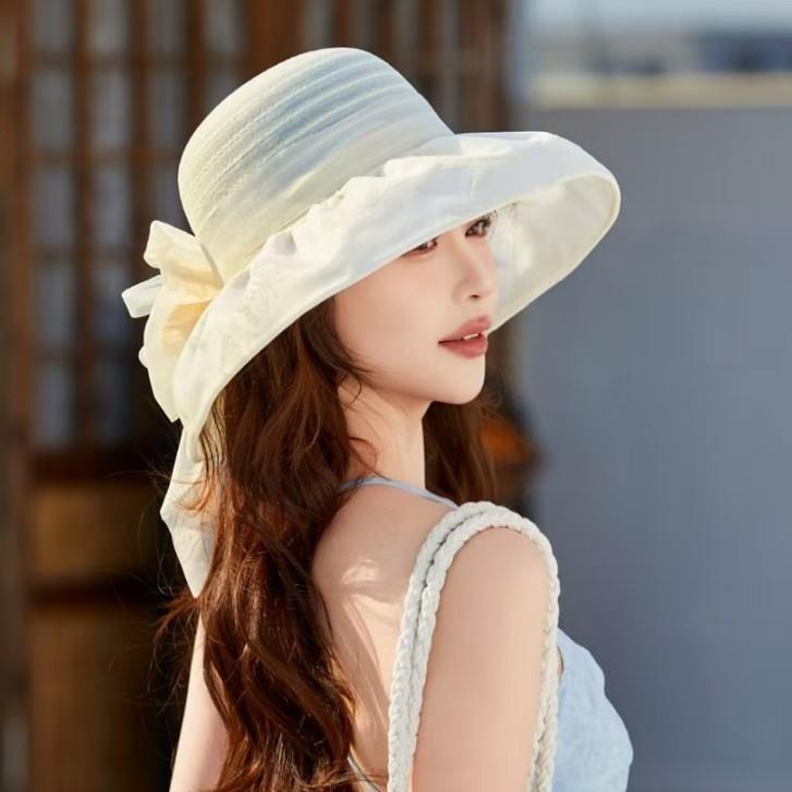 Summer Sun Protection Hat For Women With Butterfly Bow And Floral Pattern Polyester Material