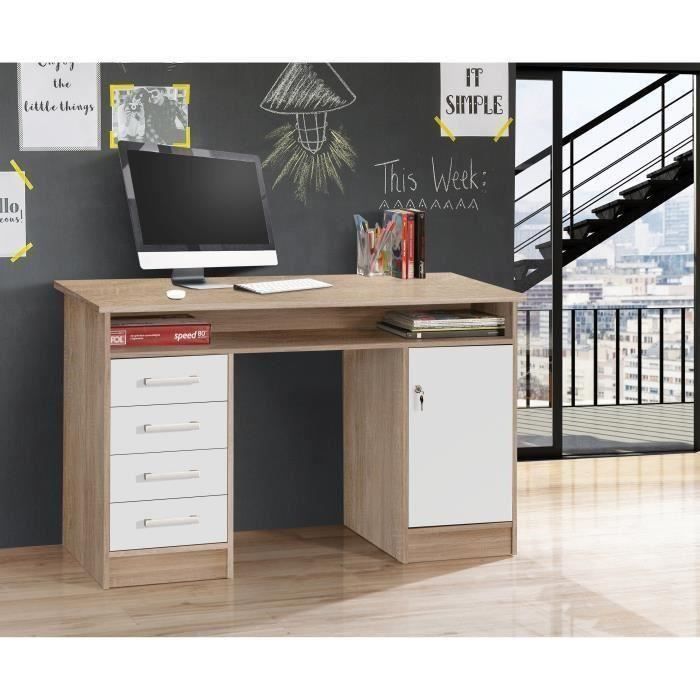 Bureau droit à clés avec 1 porte et 4 tiroirs - Décor chêne et blanc - 126 x P 55 x H 76 cm - ALICANTE