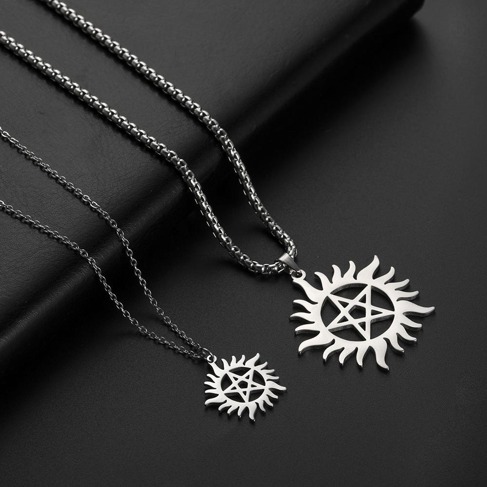Collar con colgante de pentagrama de sol brillante de acero inoxidable, cadena con forma de caja con declaración de Dean sobrenatural, para parejas, mujeres y hombres