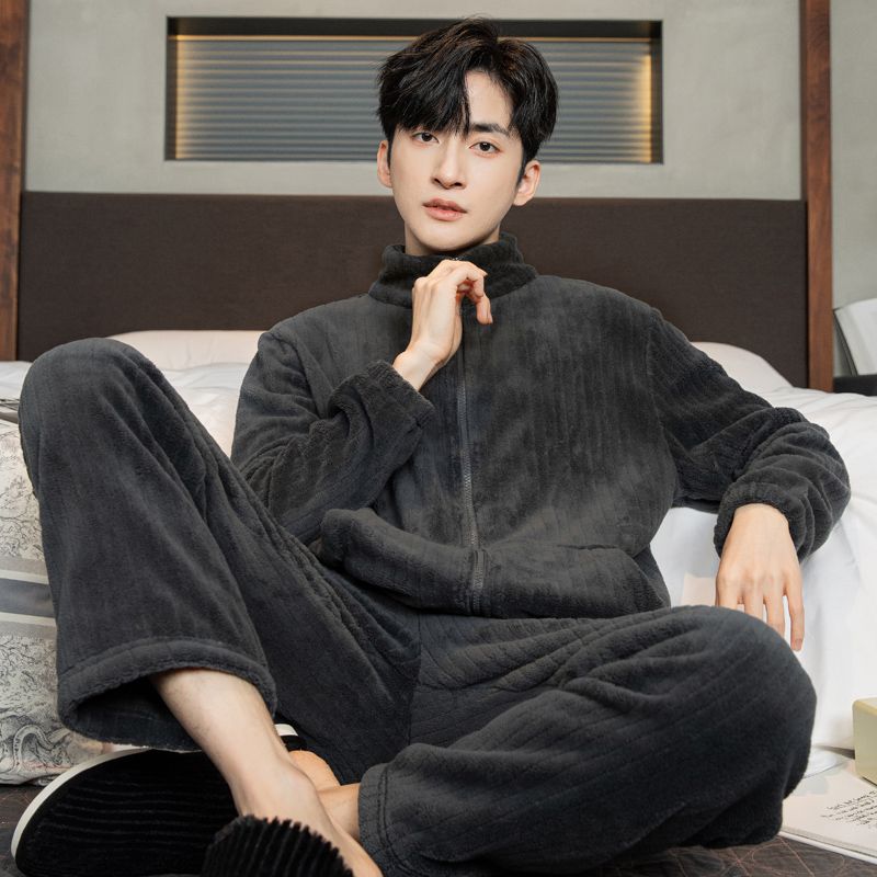 Men's Pajamas Winter Flannel Thickened Plus Velvet Homewear Autumn And Winter Days Warm Coral Fleece Zipper Style Two-piece Set