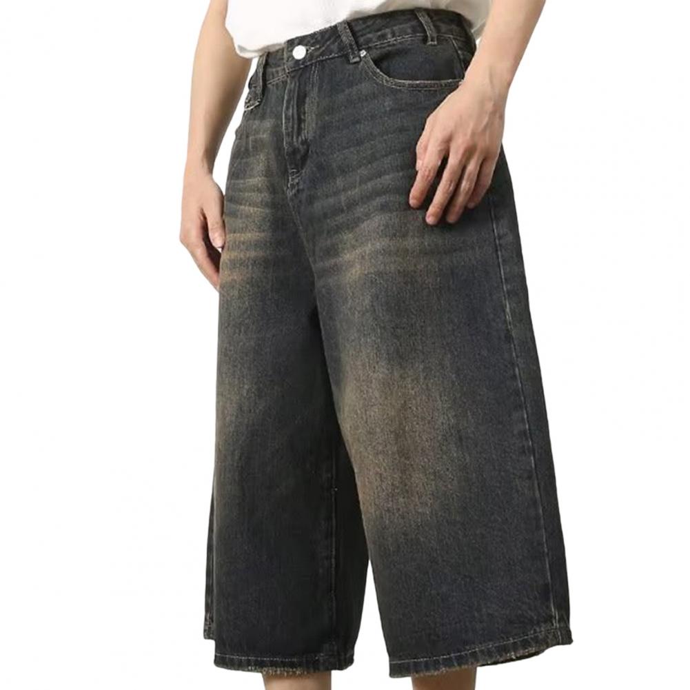 

Мужские летние укороченные джинсы со средней посадкой и застежкой-молнией на пуговицах, джинсовые брюки, градиентные цвета, широкие укороченные брюки, уличная одежда M чёрный