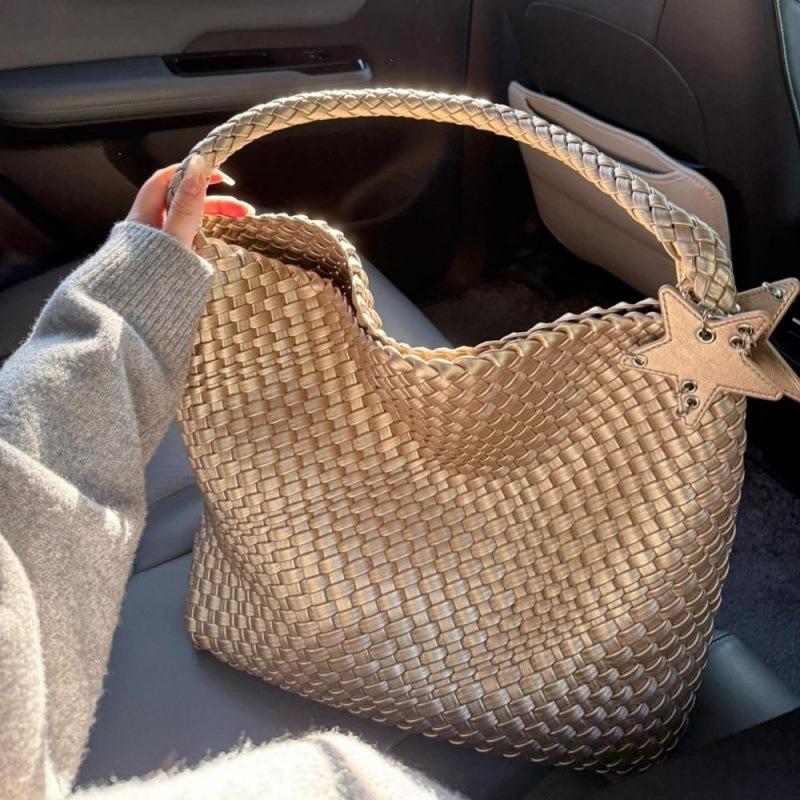 Gun Gun Champagne Woven Tote Bag Women's Large Capacity Premium Sense Portable Underarm Shoulder Bucket Bag