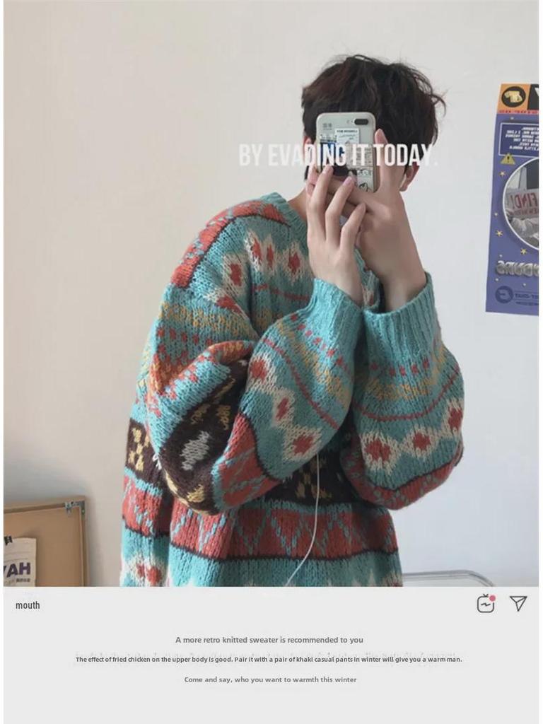 Men's Loose Fit Thickened Knitted Sweater - Korean & Harajuku Style Winter Pullover