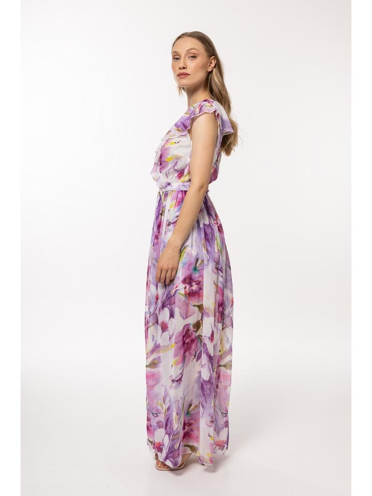 V-neck chiffon maxi dress with purple floral pattern S