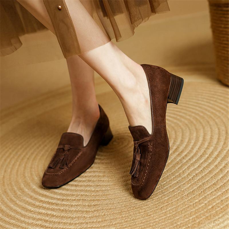 Fashion New Spring Sheep Suede Woman Shoes Square Toe Women Pumps Shoes for Women Low Heel Loafers Fashion Tassel Chunky Casual Shoes